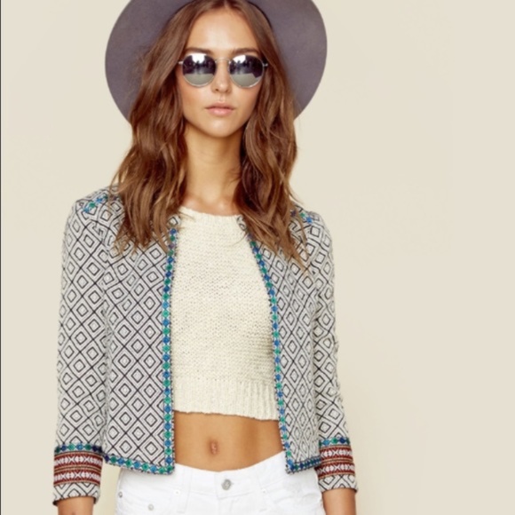 Lovers + Friends Jackets & Blazers - LOVERS + FRIENDS Jacket Small Manta Diamond Weave Embroidered Cropped Open Black